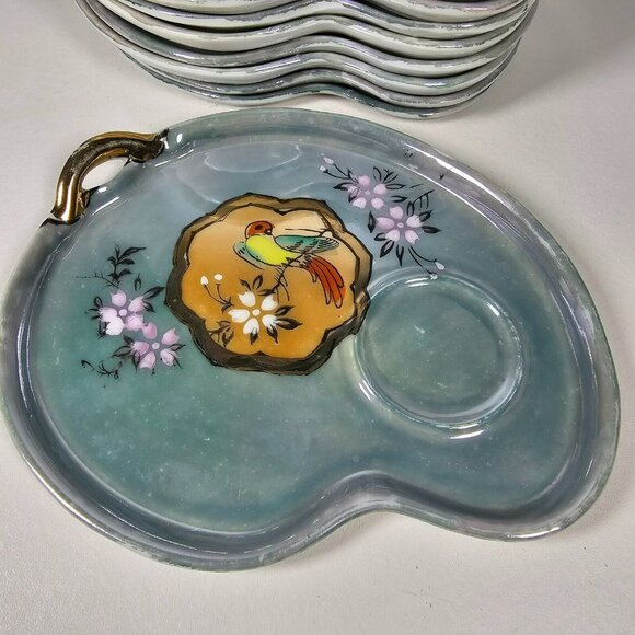 Set of 9 Sushi Plates 7" Serving Tray w/ Sauce Ring - Bird Floral Made in Japan - Picture 2 of 9